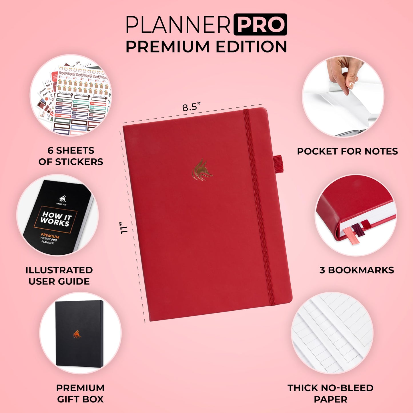 Clever Fox Planner Pro Premium Edition – Luxurious Weekly & Monthly Planner + Budget Planner Organizer for Productivity & Reaching Goals, Undated, A4 Hardcover + Keepsake Box – Wine Red