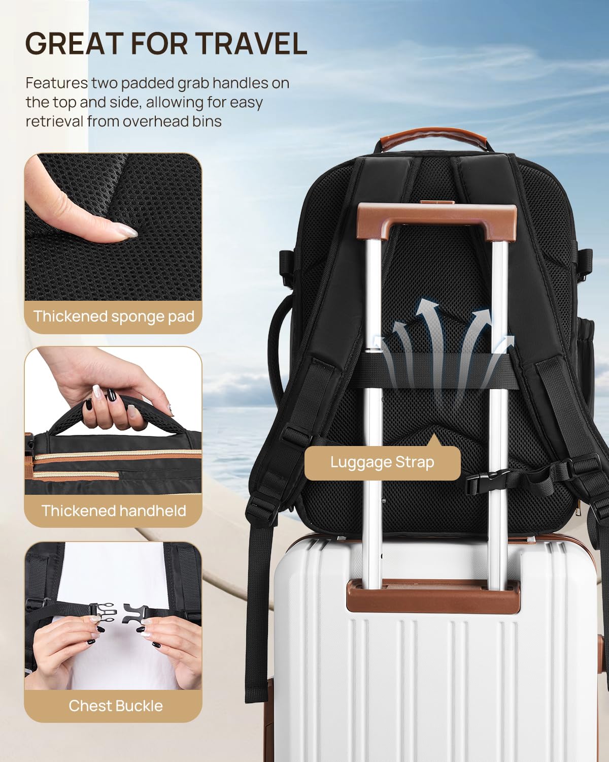 Telena Travel Backpack for Women, 15.6 inch Laptop Backpack TSA Carry on Backpack Personal Item Size Flight Approved Travel Bag Daypack with Multi-Pockets for Work, Travel, Business, Beige