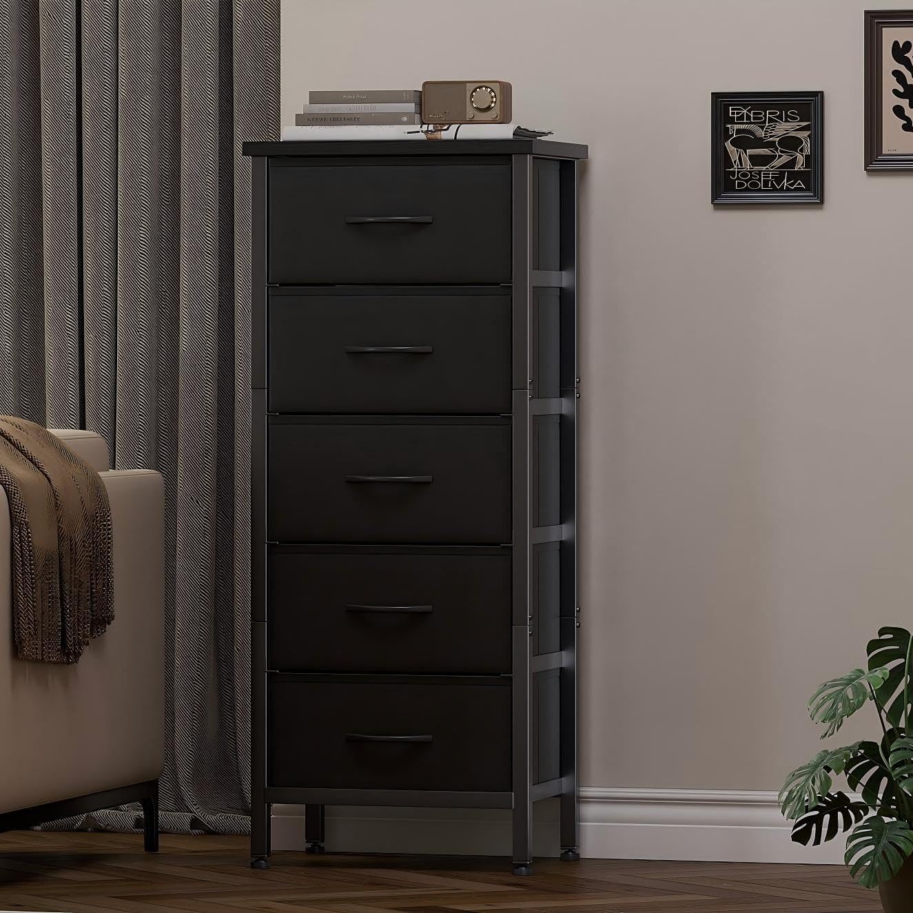 KitMent 5 Drawers Dresser, 47'' Tall Dressers for Bedroom, Storage Cabinete Chest of Drawers, Commode De Chambre for Entryway, Living Room, Bedside, Closet, Fabric Wooden Dresser Bins, Black