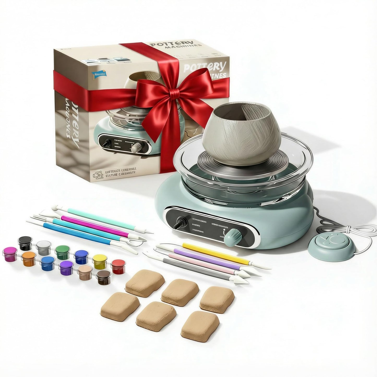 Mini Pottery Wheel Kit with Foot Pedal - 4.7" Electric Clay Spinner, Variable Speed & Reverse, Includes 5 Clay Blocks（2lbs），12 Paints & Tools, Complete Ceramic Art Starter Kit for Adults, Teens & Beginners