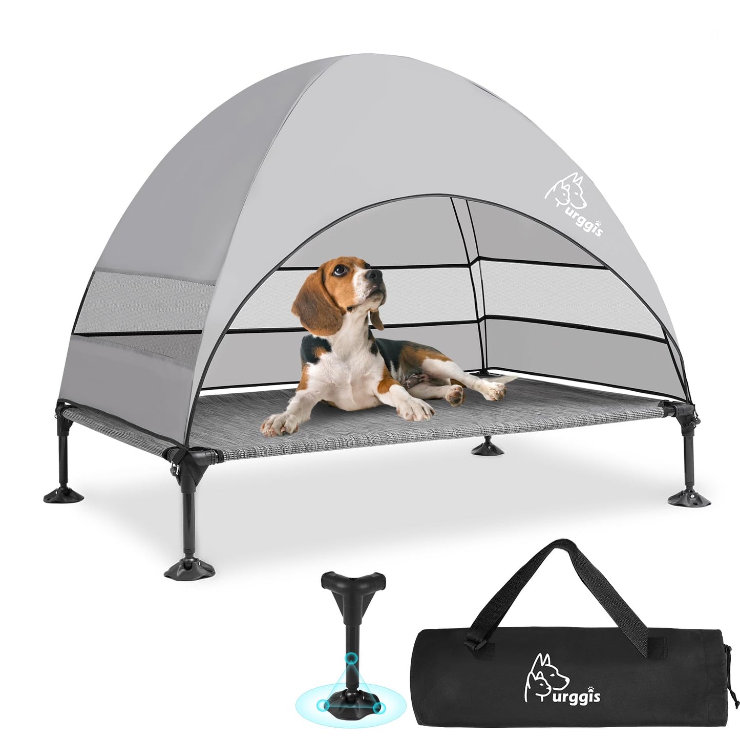 Upgraded Elevated Dog Bed with Canopy, Portable Raised Outdoor Dog Bed with Stable Anti-Slip Feet, Wider Shade Pet Bed Cot, Raised Dog Beds for Large Dogs Camping (Black & Grey, Large)