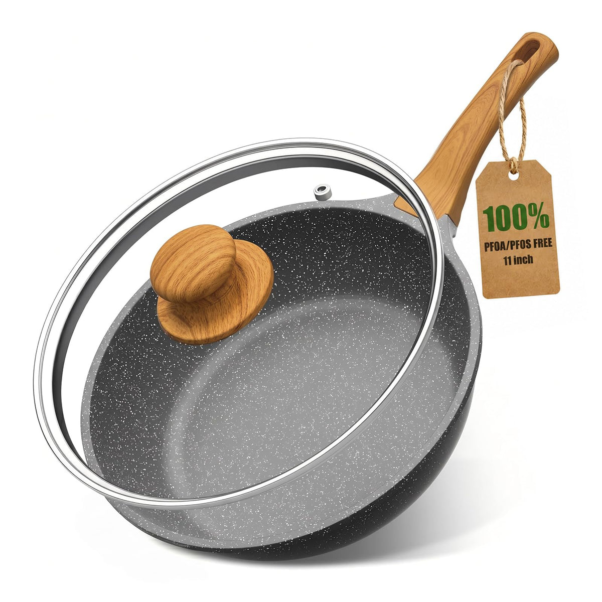 YASHE 11in / 4.5QT Nonstick Deep Frying Pan with Glass Lid, Dishwasher Safe