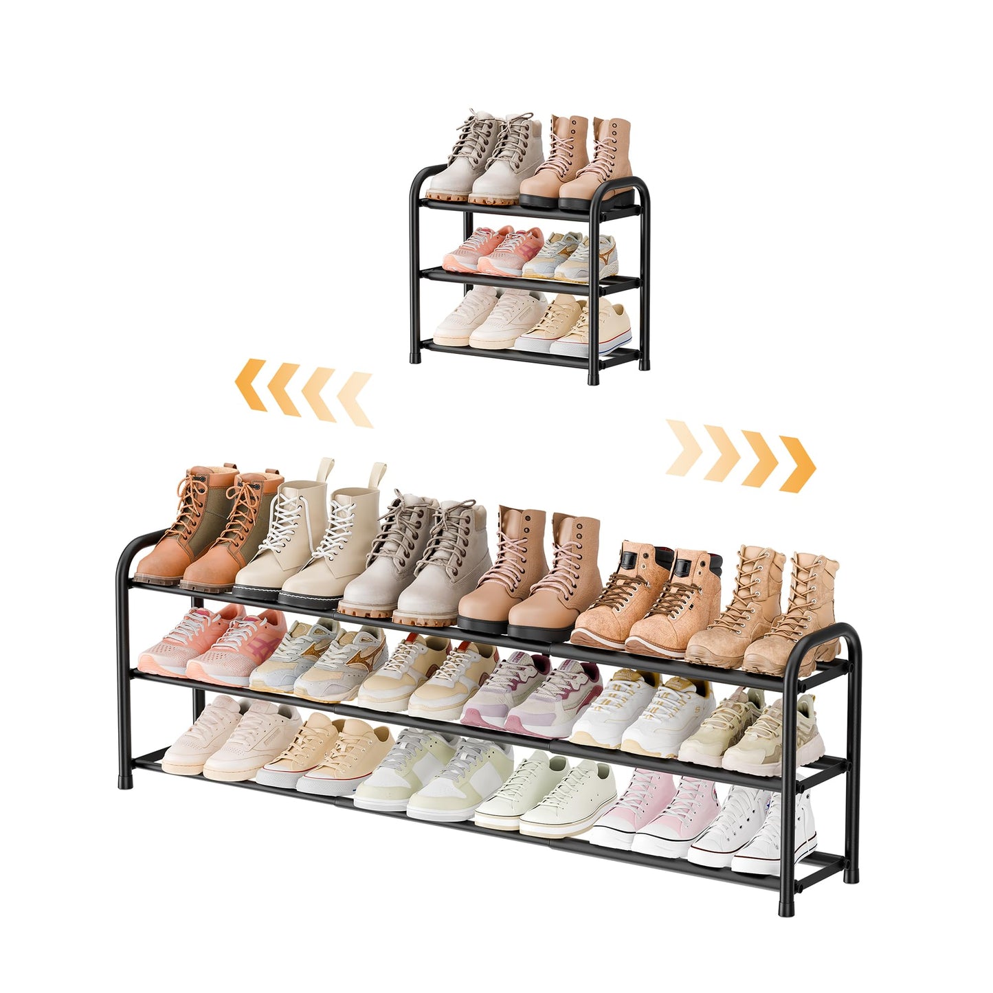 ENJOYBASICS Metal Shoe Racks for Closet, 3-Tier Adjustable Expandable Long Shoe Organizer Shelf, 45 to 118 cm，for 6-18 Pairs, Free Standing Rack Storage for Entryway