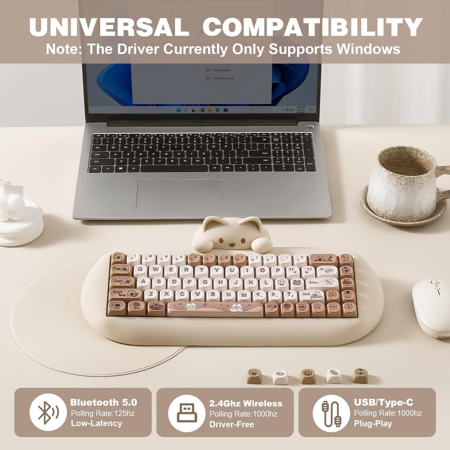 YUNZII C68 Wireless Mechanical Keyboard,65% Layout,Hot Swap,Triple Mode BT5.0/2.4G/Wired, RGB Backlit NKRO,Cute Cat Silicone Ergonomic Design for Win/Mac (Milk Switch,Brown)