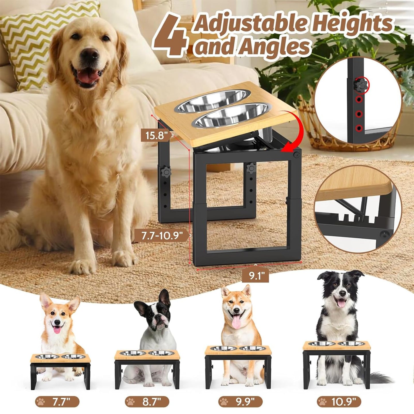 Dog Bowls Elevated, 4 Height & Angle Adjustable Raised Dog Bowl Stand, Elevated Dogs Bowl Stand for Medium Sized Pet, Sturdy Bamboo Dogs Feeding Station with 2X 48oz (6cup) Stainless Steel Dishes