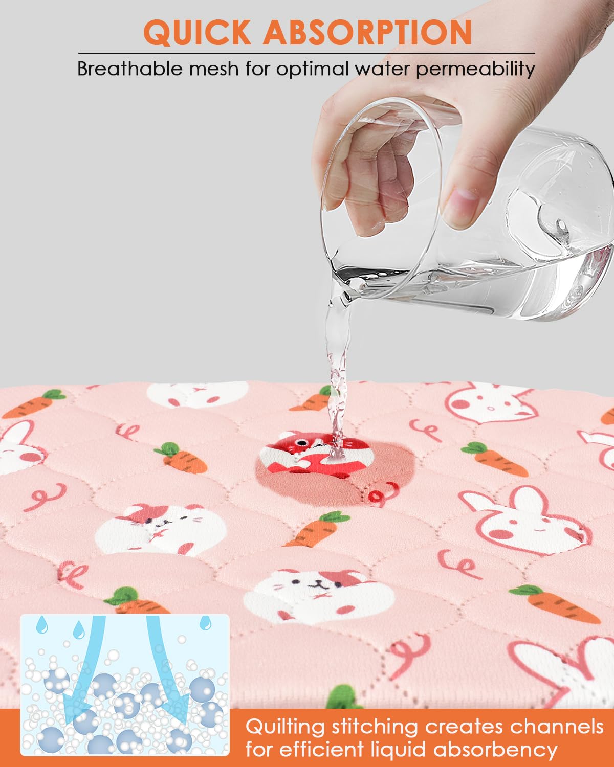 Bissap 4 Packs Guinea Pig Cage Liners, 47''X24'' Washable Guinea Pig Pee Pads Non Slip Reusable Fast and Super Absorbent Bedding for Small Animals Rabbit Hamster Chinchillas Rat - Pink