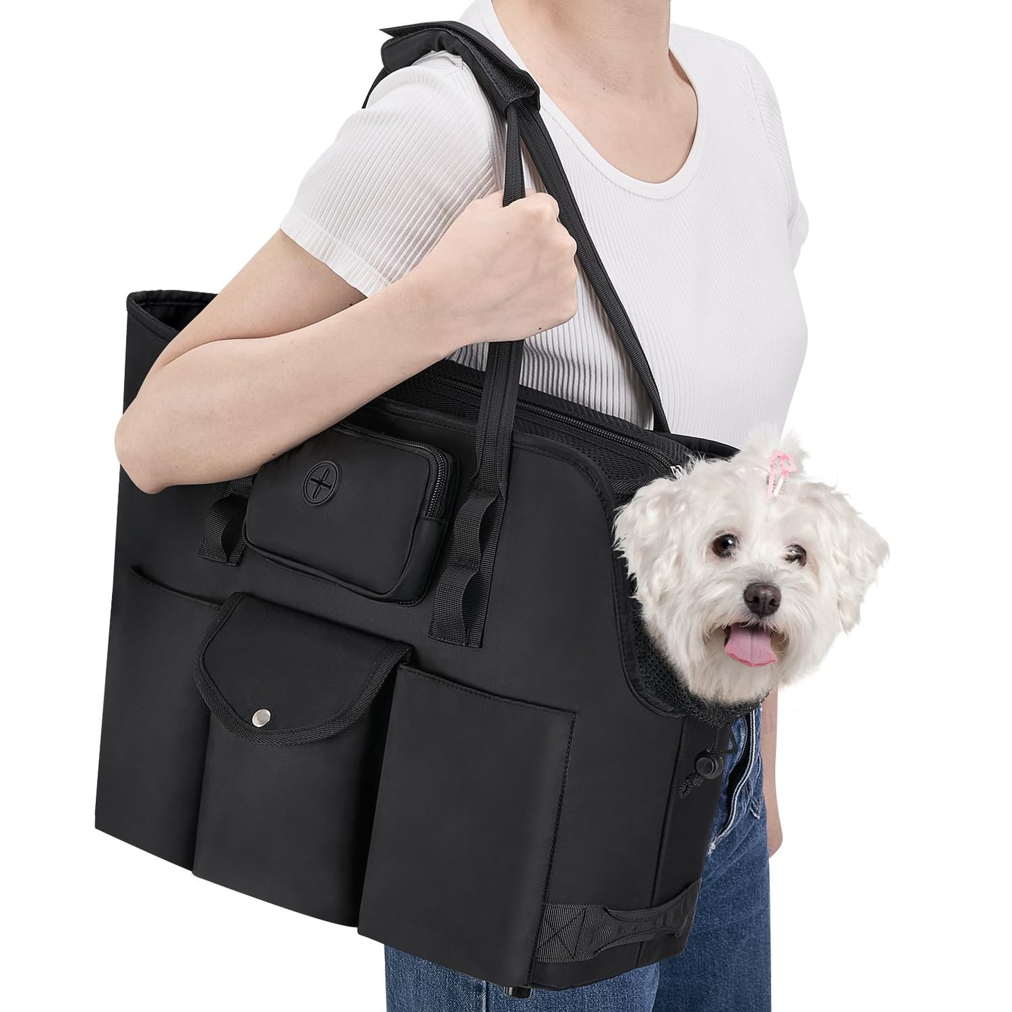SlowTon Dog Purse Carrier - Portable Dog Carrier Tote Bag with Pockets & Safety Leash, Breathable Pet Handbag for Small to Medium Cats Puppies (Black)