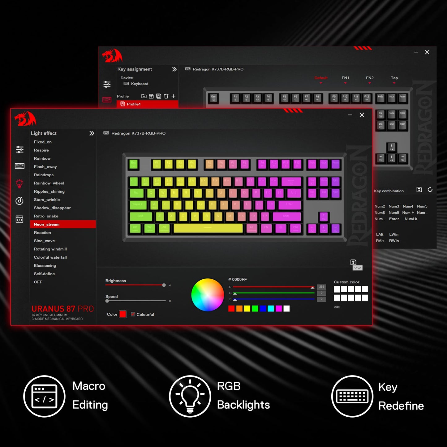Redragon K737 PRO Wireless 87 Keys Gasket Gaming Keyboard, 80% Premium CNC Aluminum Mechanical Keyboard, Hot-Swap South-Facing LED Socket, 5-Layer Noise Dampening, Side-Printed PBT Contour Line Keycap