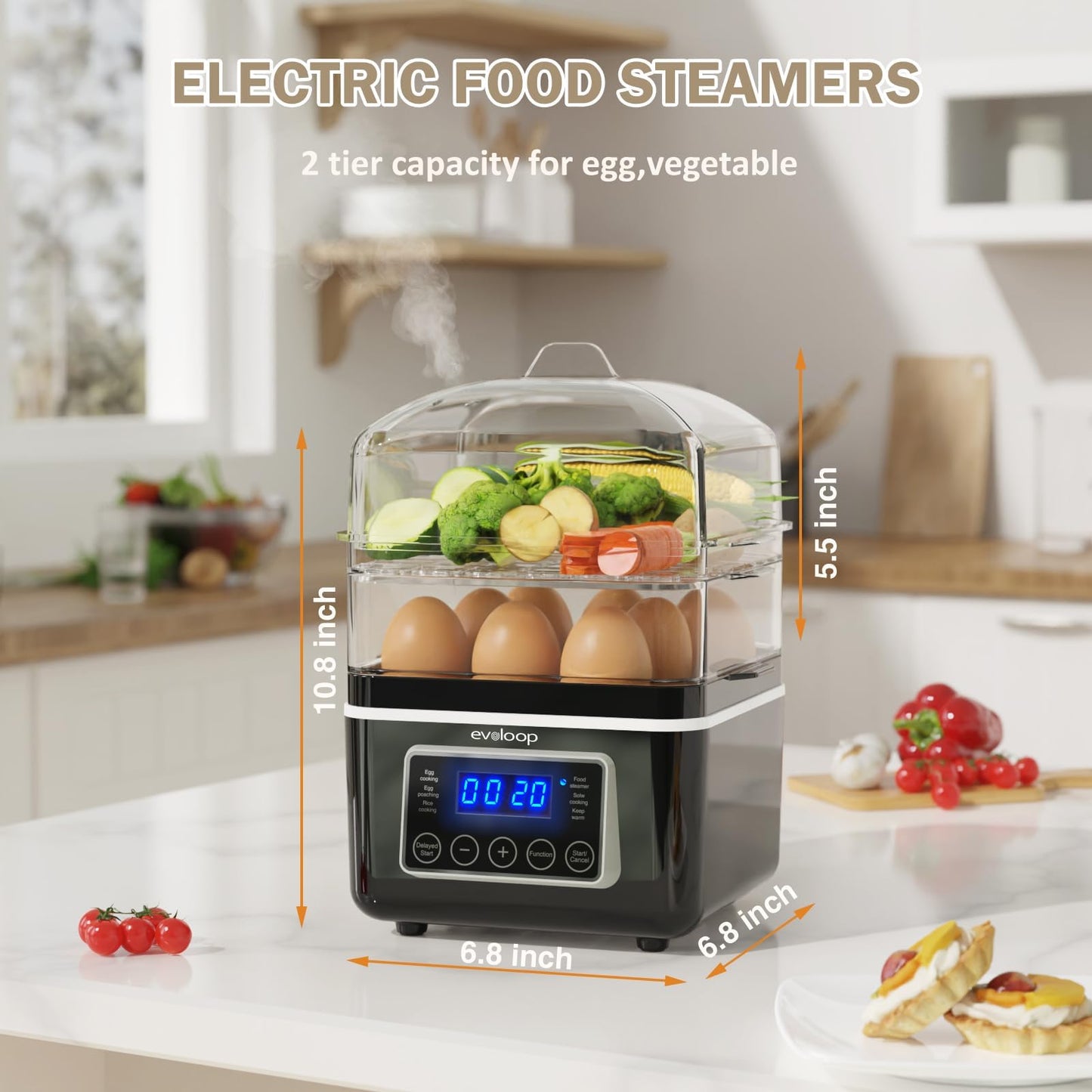 2 Tiers Mini Electric Food Steamer for Cooking, 4 QT Digital Multi Vegetable Steamer with BPA-Free Stackable Baskets, Rapid Egg Cooker Egg Steamer with Auto Shut-Off, Ideal for Veggies, Seafood, Rice