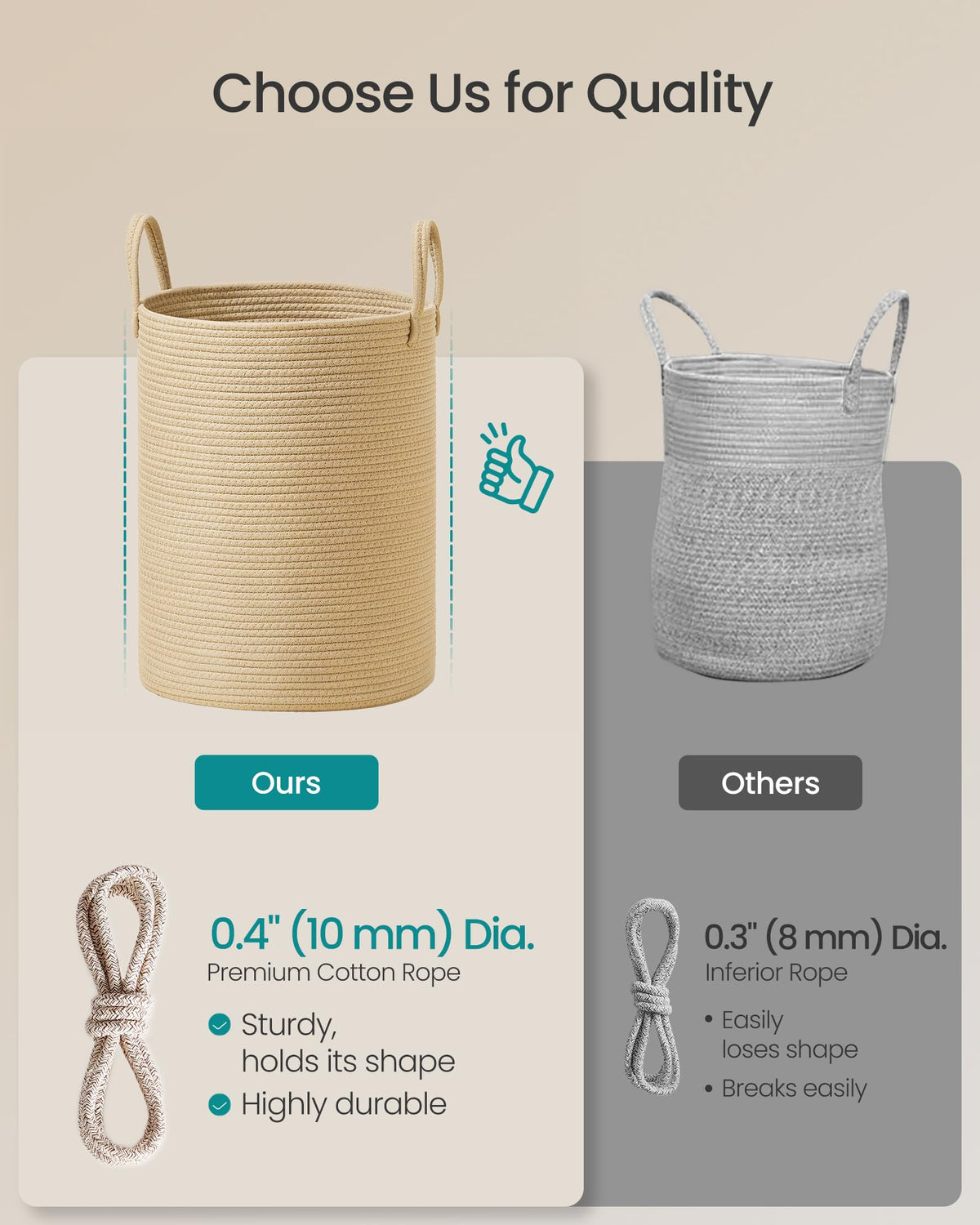 SONGMICS Laundry Hamper, Cotton Rope Laundry Basket with Handles, for Children, Toys, Clothing, Living Room, Bedroom, 60 L, 35 x 35 x 50 cm , Yellowish Brown URLH061KZ01