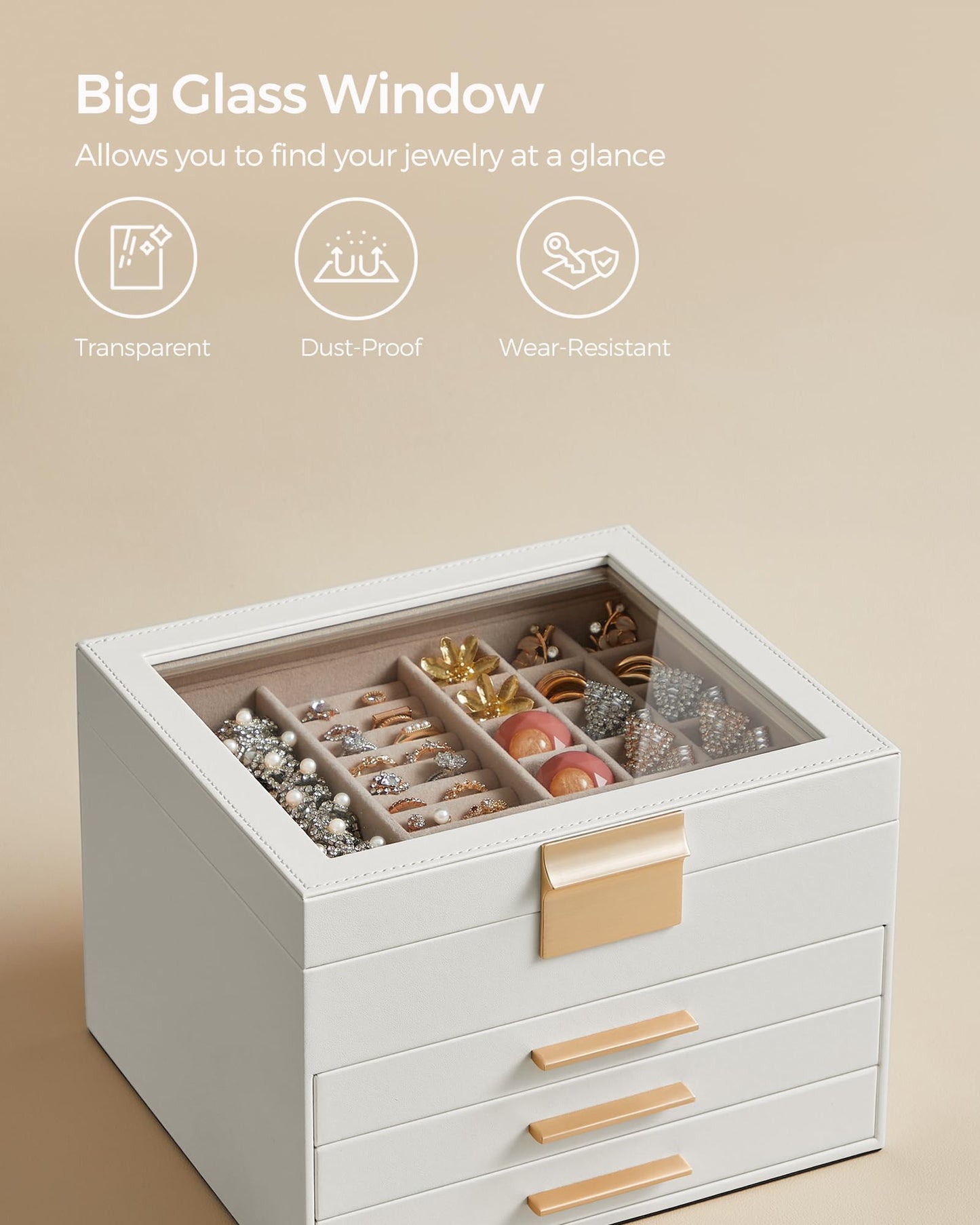 SONGMICS GISELLA Collection - Jewelry Box Organizer, 4-Layer Jewelry Storage with 3 Drawers, Shiny Metal Hardware, Glass Lid, Modern, 20.3 x 23.1 x 16.5 cm, Cloud White and Gold Color UJBC173W01