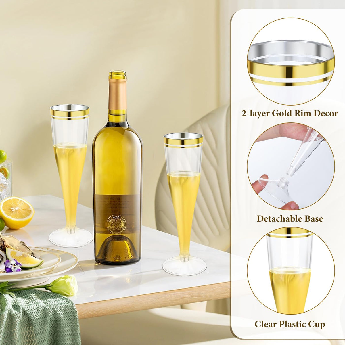 100 Pack Plastic Champagne Flutes,4.5 oz Clear Champagne Glasses with Gold Rim, Disposable Champagne Cups for Wedding Birthday Bridal Shower Party, Mimosa Bar Supplies