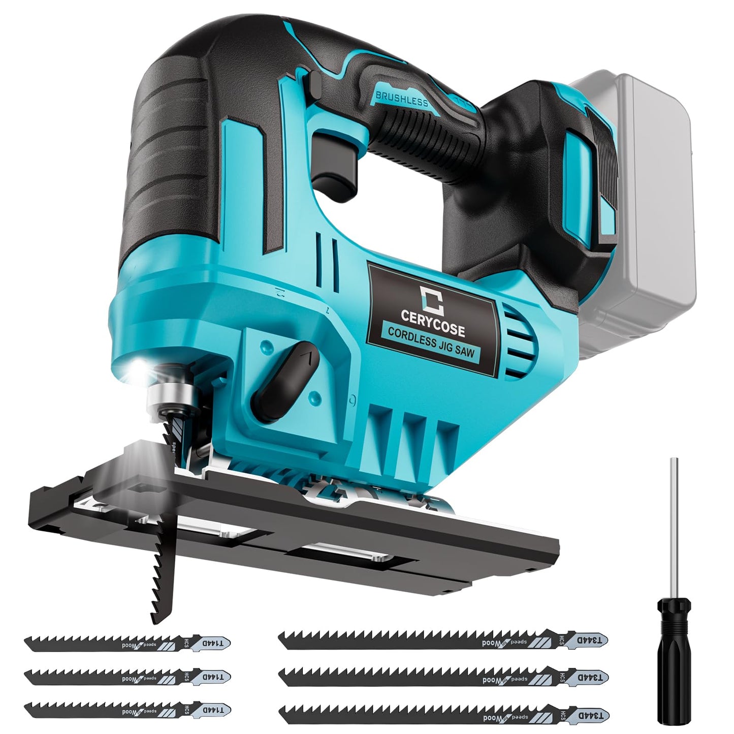 Cerycose Jig Saw Compatible with Makita 18V Battery, Cordless Jigsaw Tool Brushless Motor, Variable Speed, Bevel Angle (0°-45°), LED Light with 3 Position Orbital Setting(No Battery)