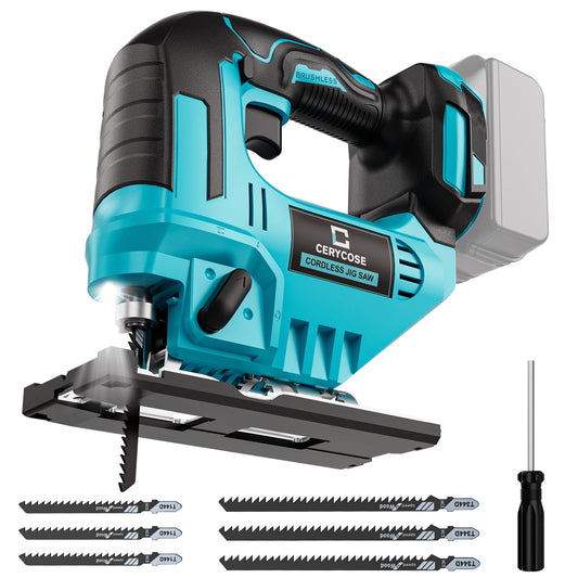 Cerycose Jig Saw Compatible with Makita 18V Battery, Cordless Jigsaw Tool Brushless Motor, Variable Speed, Bevel Angle (0°-45°), LED Light with 3 Position Orbital Setting(No Battery)