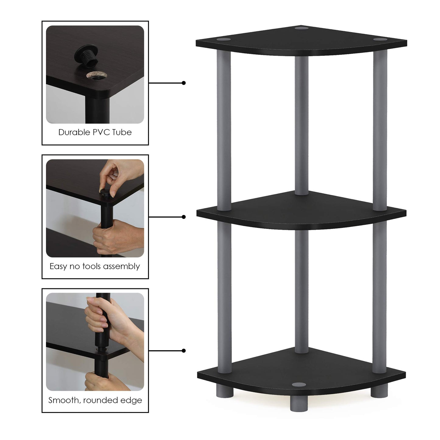 Furinno TURN-N-TUBE Corner Shelf, 3-Tier Open Corner Book Shelf, Display Bookshelf, for Organization and Storage, Living Room, Bedroom, Home Office, Black/Grey