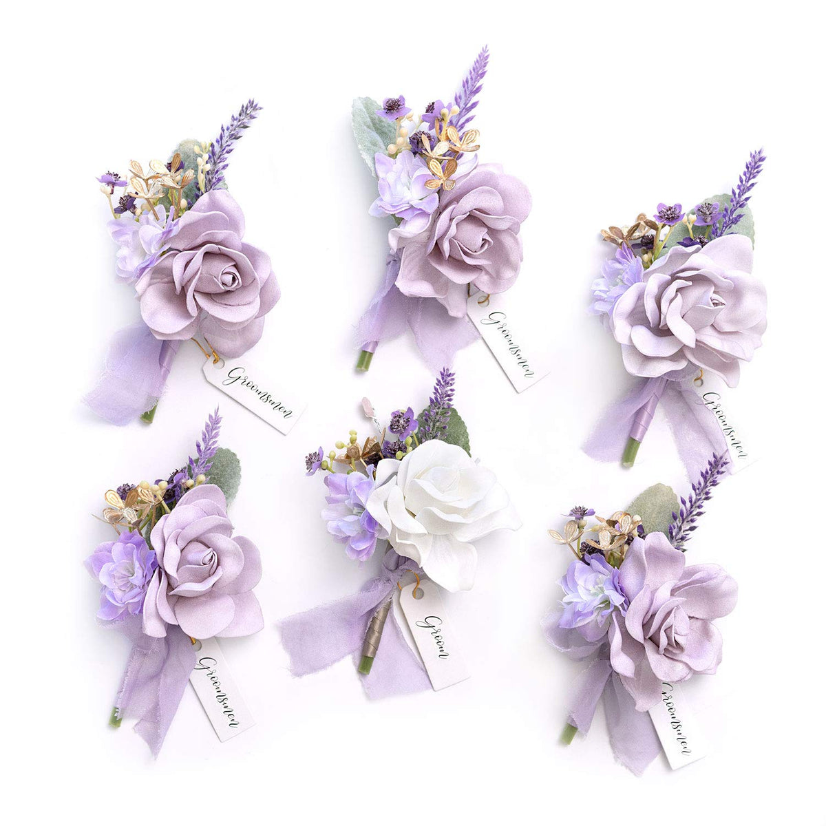 Ling's Moment Boutonniere for Men, 6pcs Groom Groomsmen Boutonniere, Artificial Flowers for Wedding Decor/Prom/Homecoming, etc.Purple Lilac Lavender