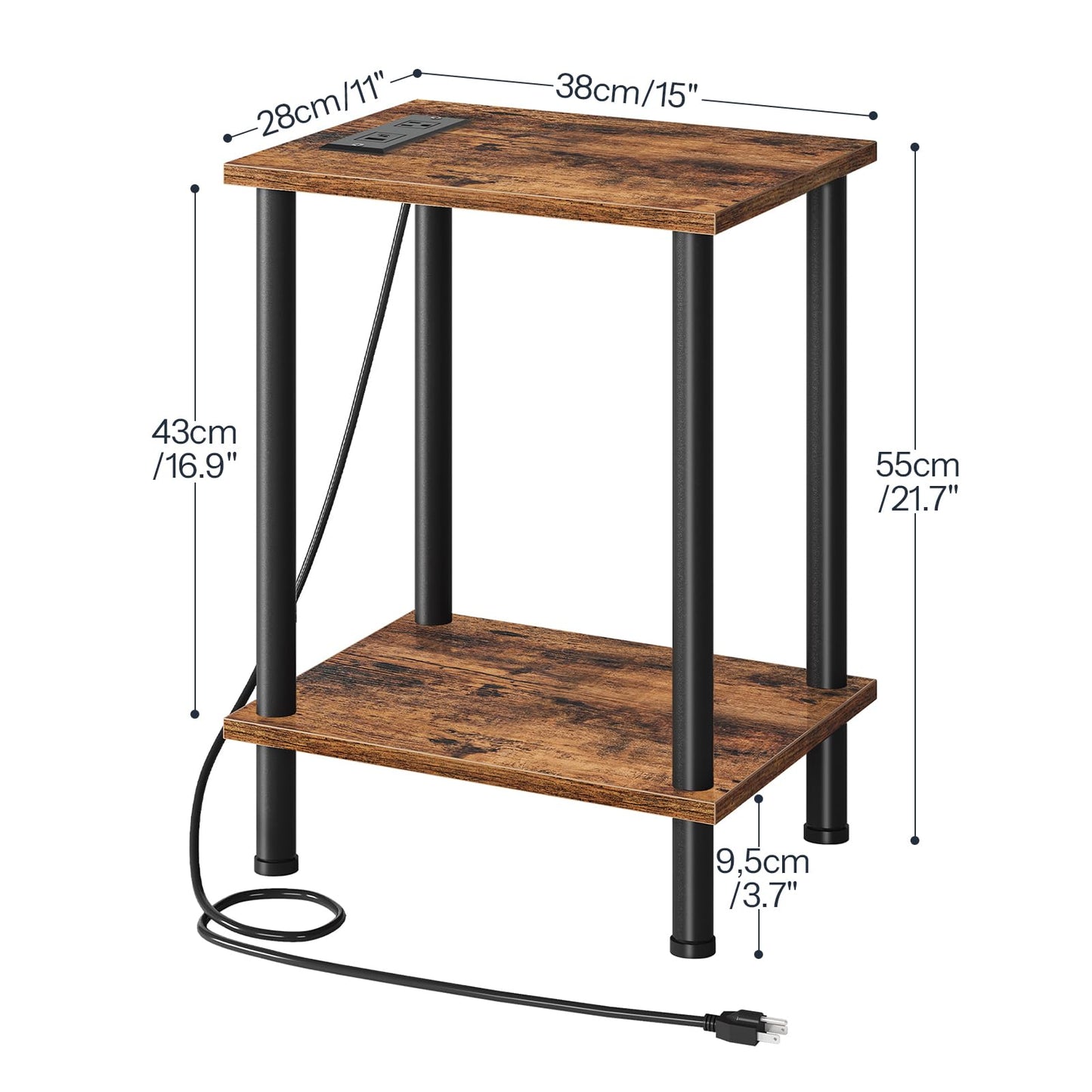HOOBRO Set of 2 Side Table with Charging Station, End Table with USB Ports and Outlet, Nightstand with 2-Layer Storage Shelves for Small Spaces, Living Room, Bedroom, Stable, Rustic Brown BF09UBZP201