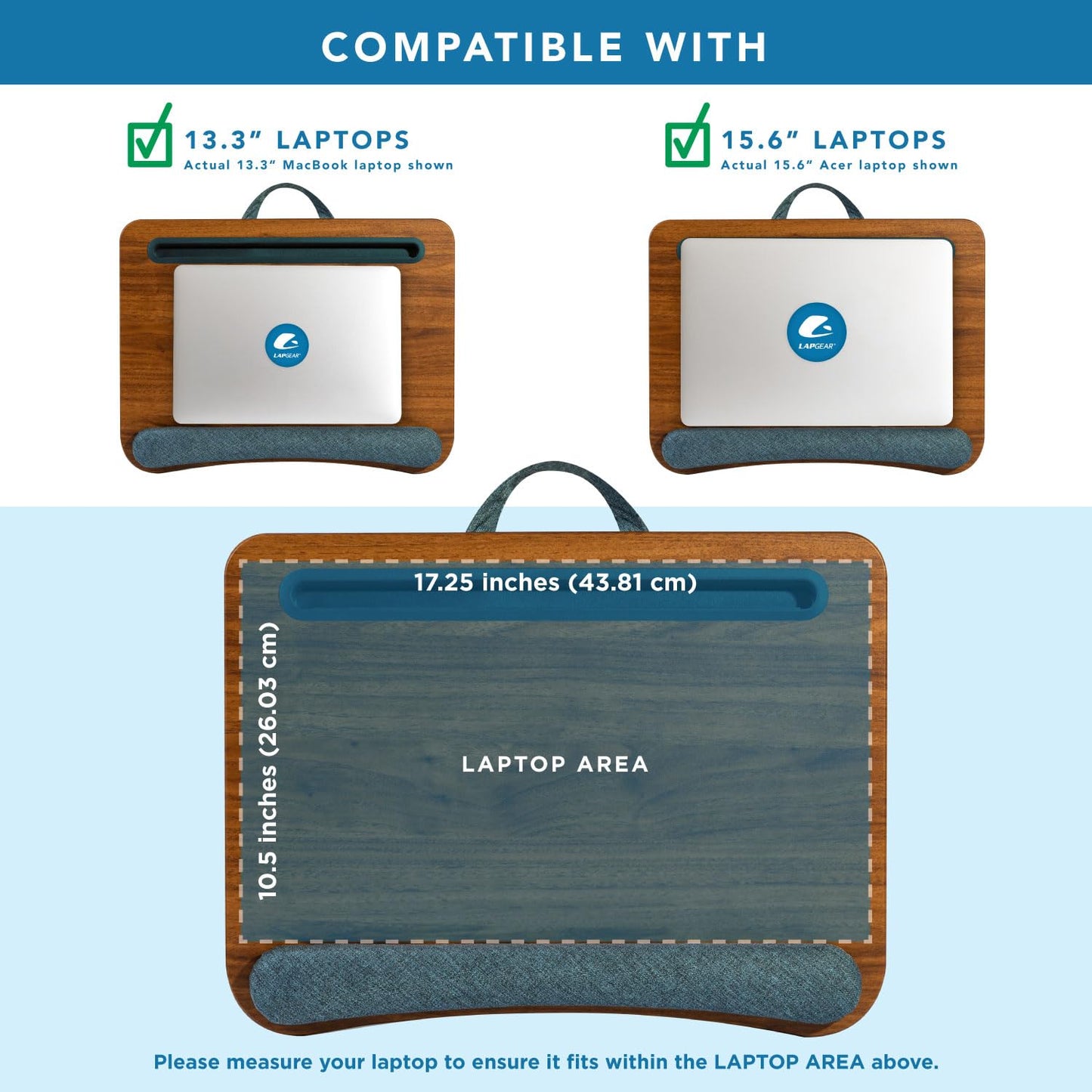 LAPGEAR Portable Laptop Lap Desk with Pillow Cushion, Anti-Slip Strip, Tablet or Phone Storage Slot, Pen and Pencil Pocket, and Wrist Rest - Espresso Woodgrain - Fits 17.3" Laptops - Style No. 91342