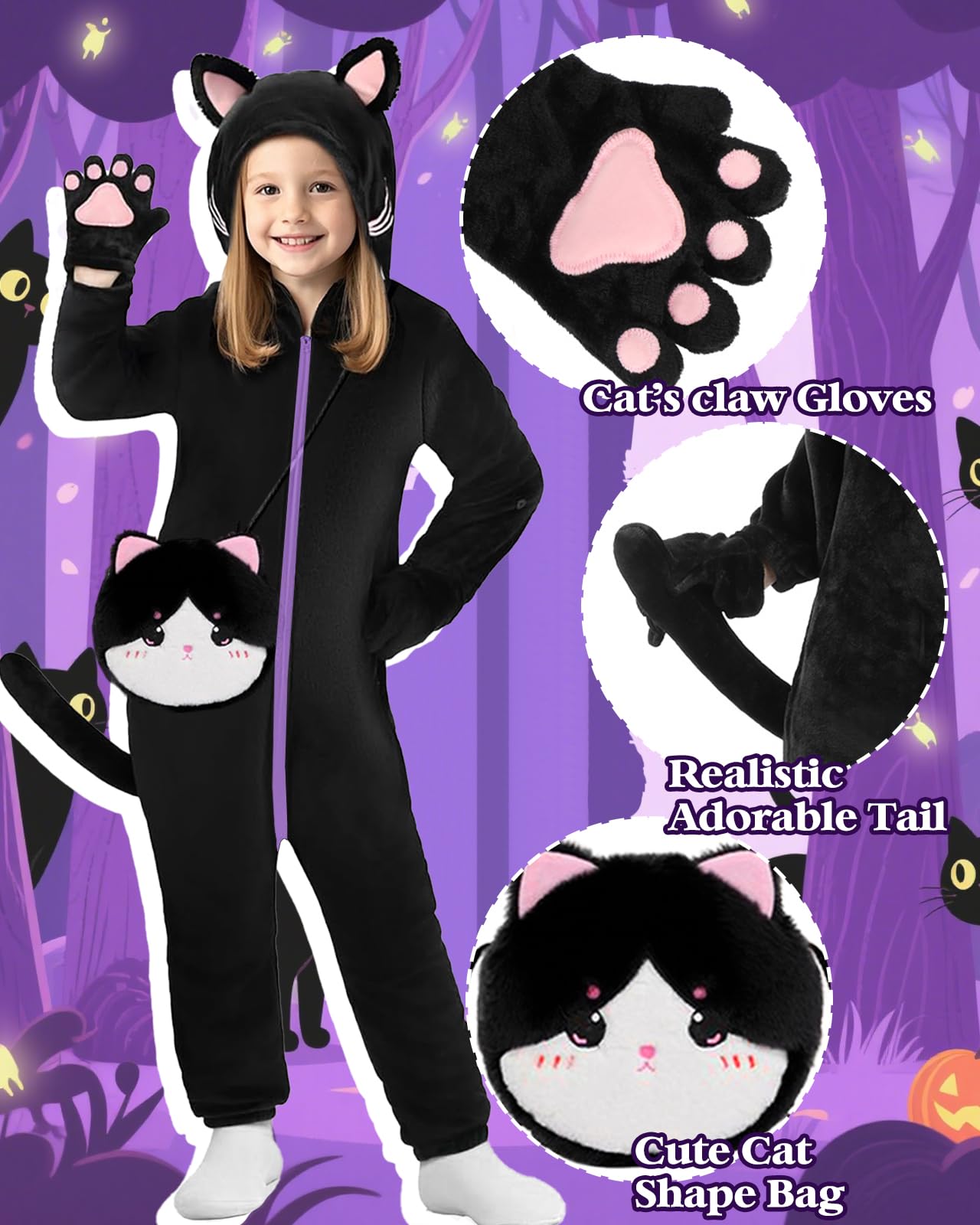 Trsenvrml Girls Halloween Costume Kids Cat Cosplay Black Dress Up for Girl Hooded Halloween Romper Jumpsuit (Cat, 6-7T)