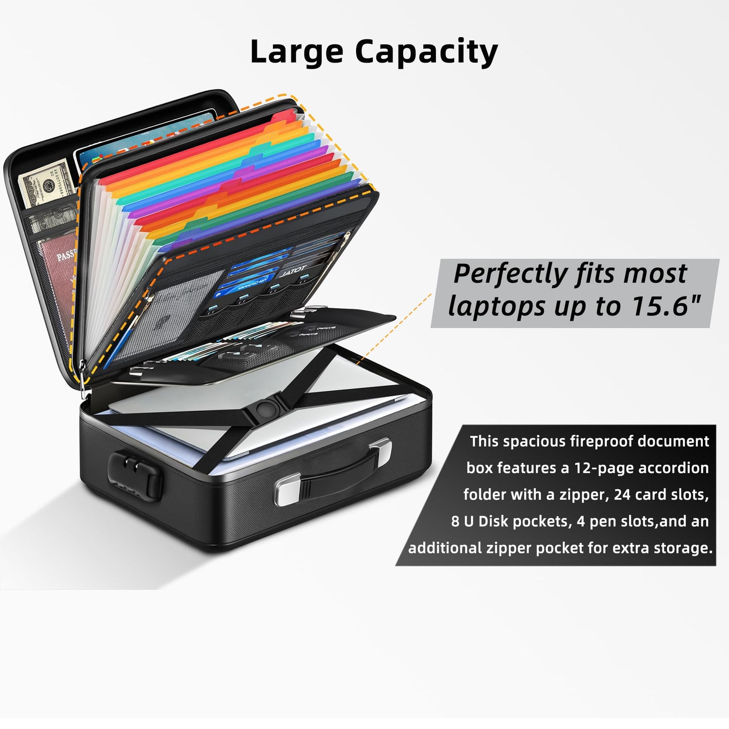 Deelhety Fireproof Document Box - 8-Layer Hard Shell Fire Proof Safe for Home Documents, Water Resistant File Organizer for Desk Money, Safety Box for Passports Certificates Laptop