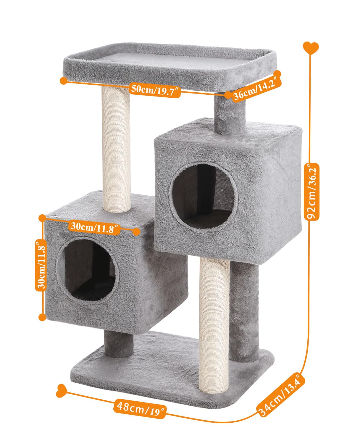 Cat Tree for Indoor Cats, Komicoll 36 Inch Tall Cat Tower with 2 Cat Condos and Large Plush Perch with Sisal Scratching Post,Pom poms Hanging Balls, Cat Climbing for Cats Indoor, Gray