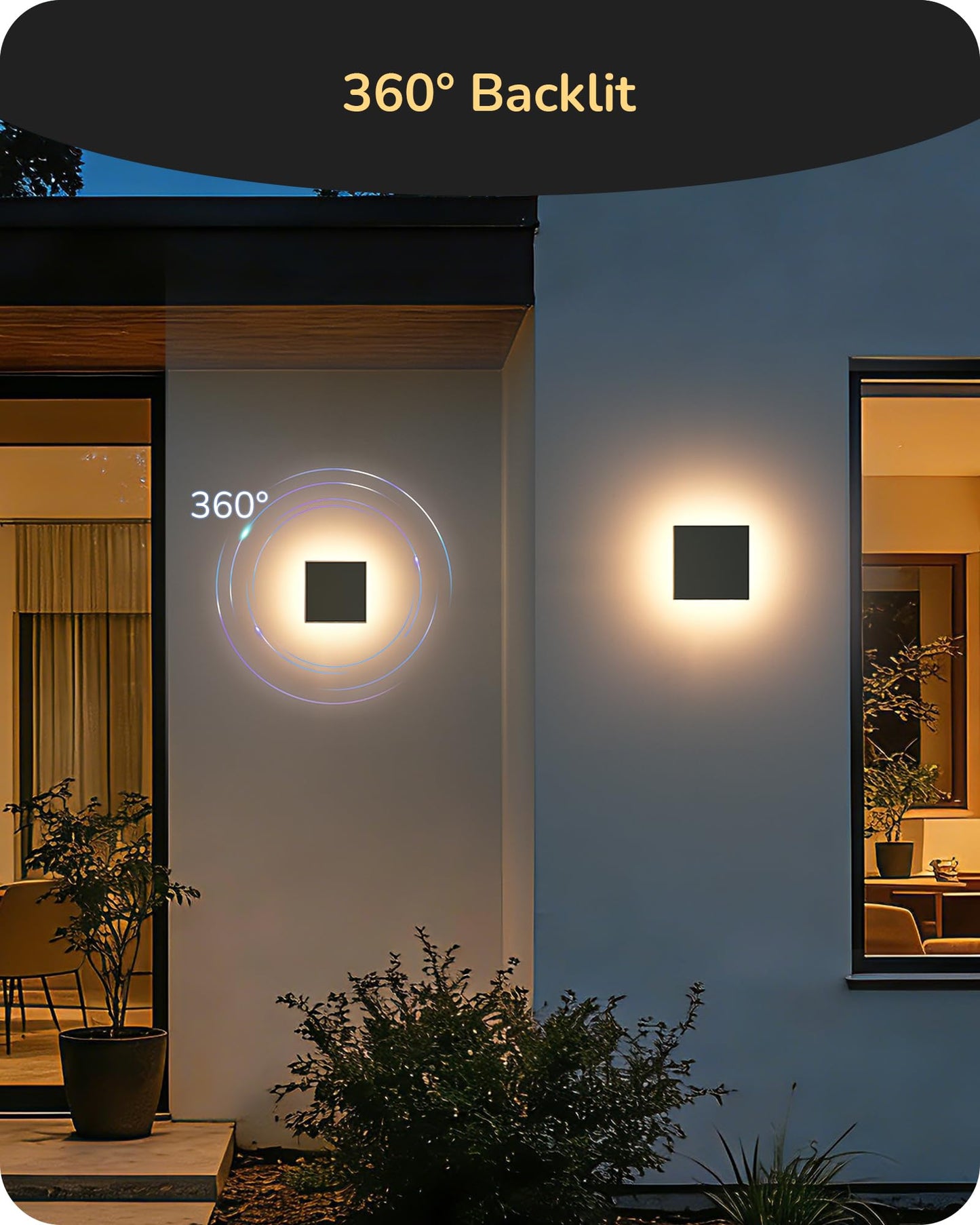 EDISHINE LED Outdoor Wall Lights, Dimmable Exterior Lighting Fixtures, 3000K-5000K, IP65 Waterproof Modern Outside Wall Sconce, 360° Backlit Square Aluminum Mini Porch Light, Black, 2 Pack