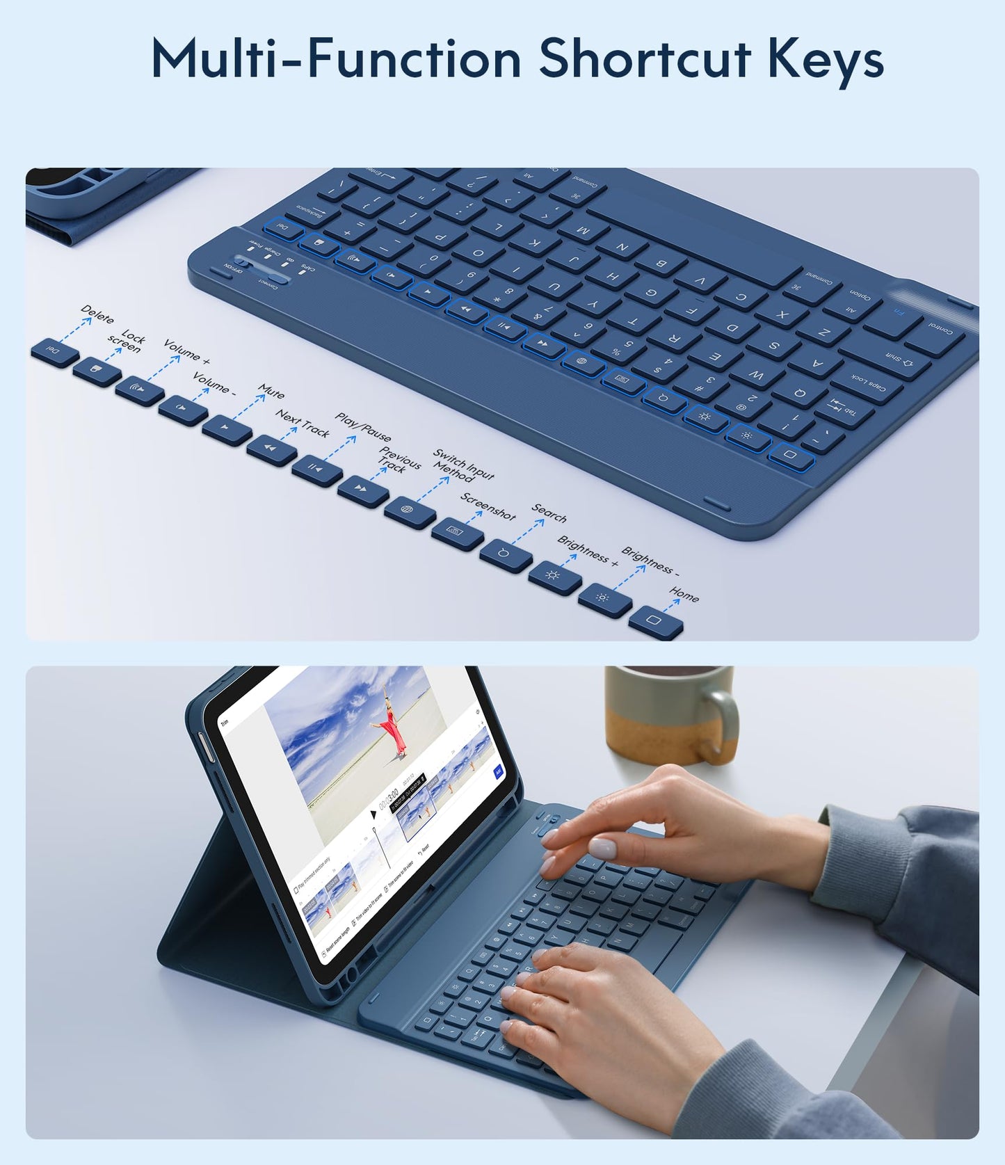 CHESONA Keyboard Case for iPad (A16) 11th/10th Generation 10.9-inch (2025/2022), Detachable Wireless Keyboard, Stand Folio Keyboard Cover with Pencil Holder, Thin & Light (Steel Blue)