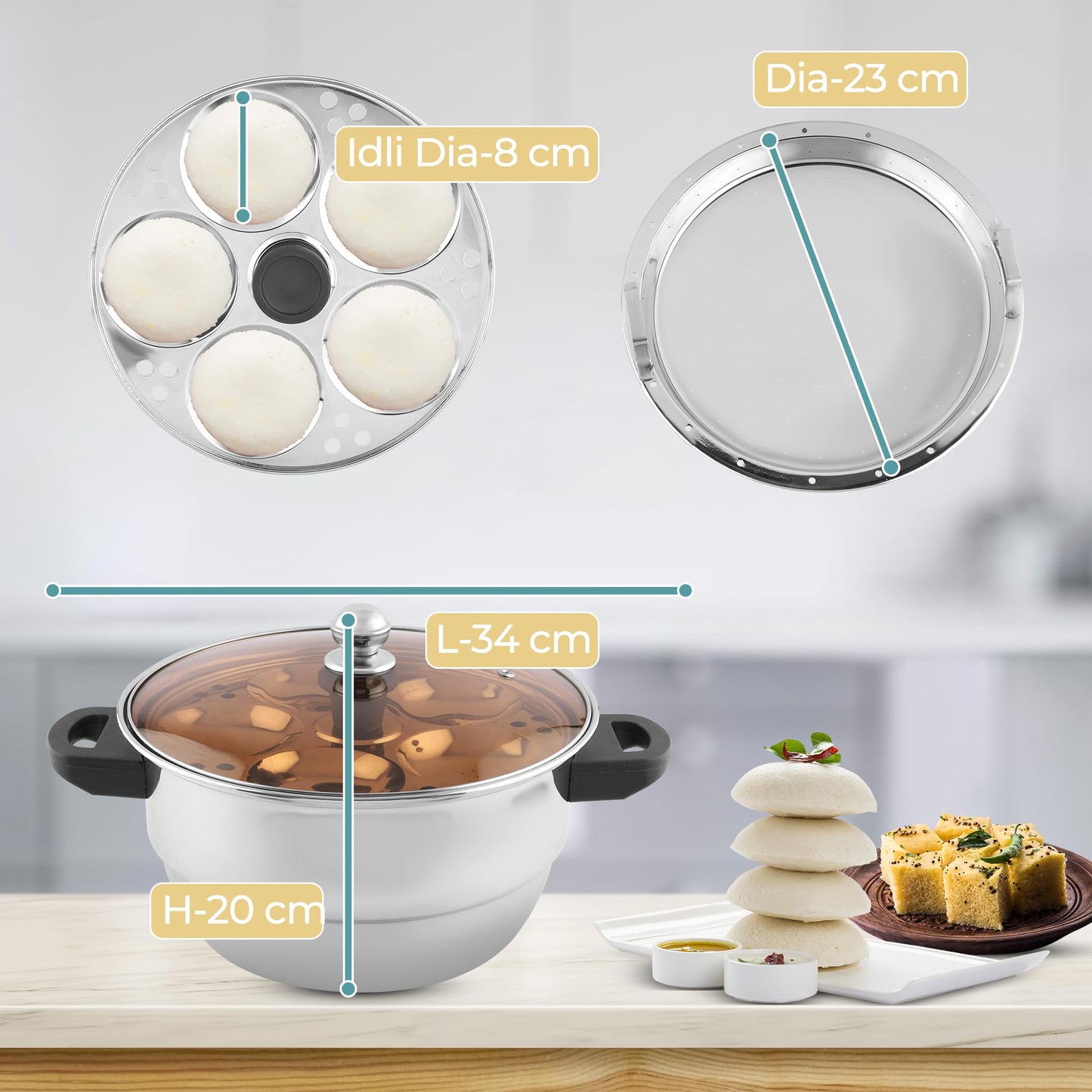 KSJONE See Through lid 5 Pcs Stainless Steel Induction Friendly Idli Cooker Multi Kadai for Indian Cooking with 3 idli Plates (15 Idlis), 1 Patra Plate and 1 Idli Spoon, Silver