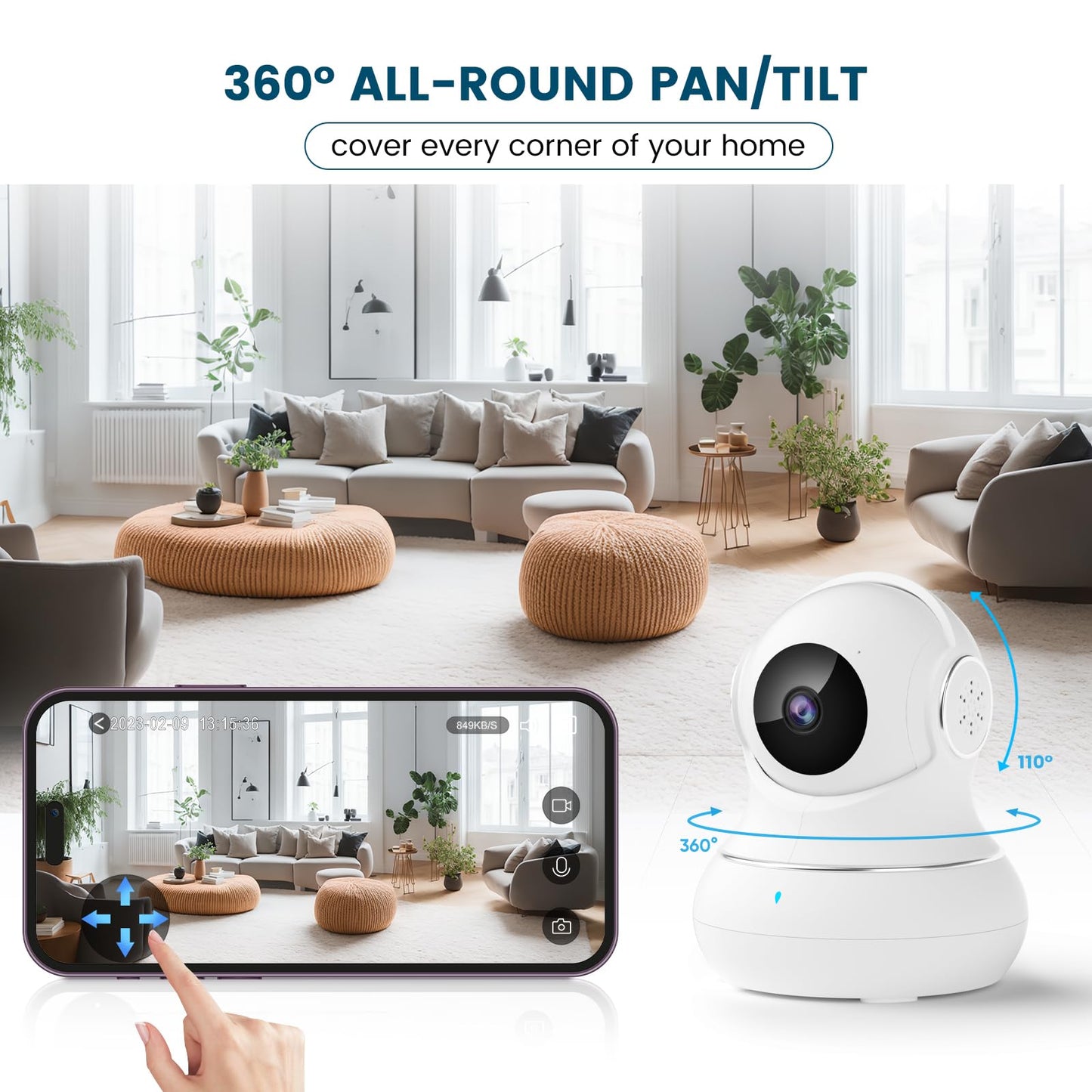 Littleelf Camera Surveillance Interieur, Litokam 2K Pet Cameras with Phone App for Dog Indoor Security Camera WiFi Baby Monitor with Motion & Sound Detection, 360° View Home Camera Works with Alexa
