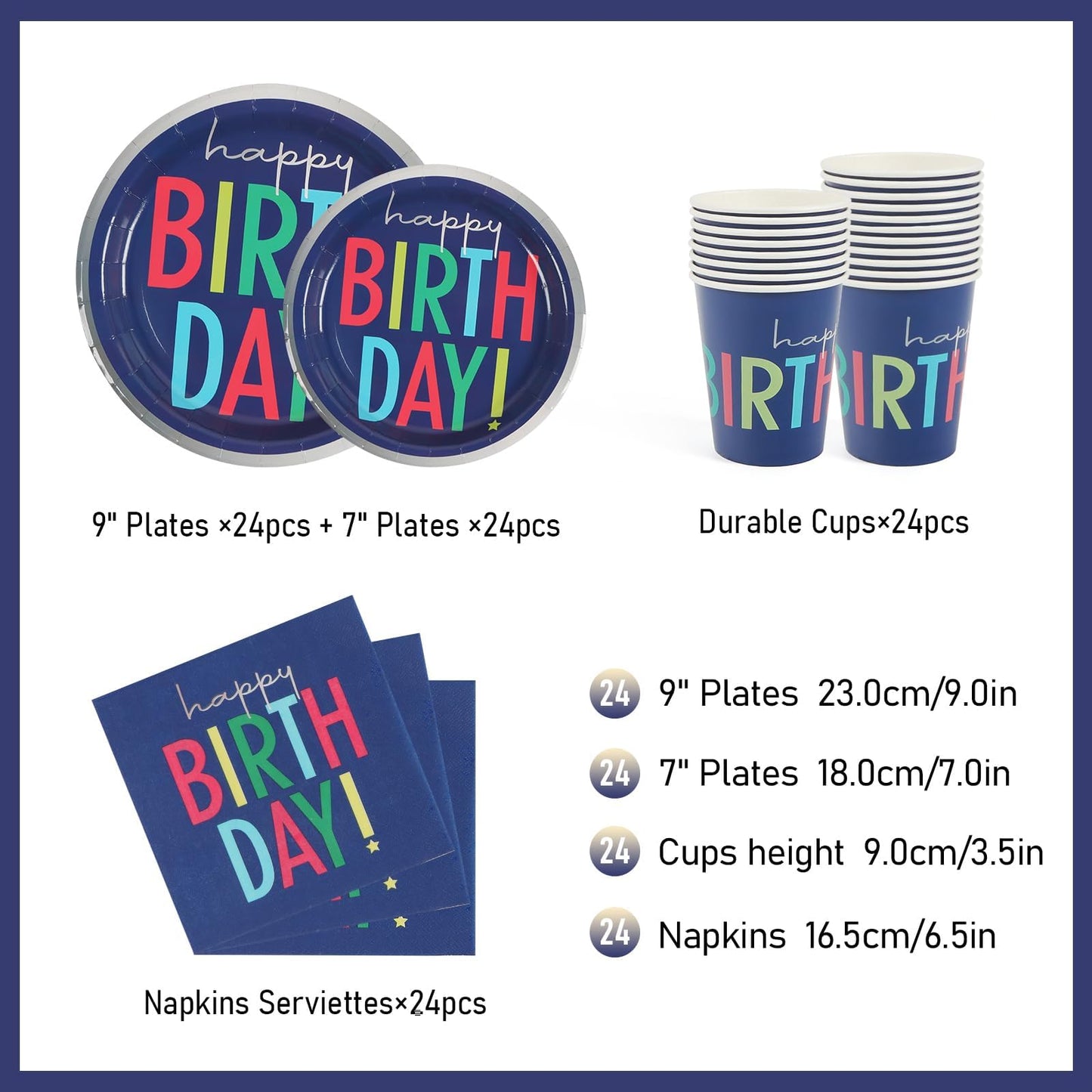 UVTQSSP 96 Pcs Party Plates and Cups and Napkins Sets, Birthday Paper Plates and Napkins, Disposable Tableware Set, Party Supplies for Kids Happy Birthday, Serve for 24, Blue Colorful Design