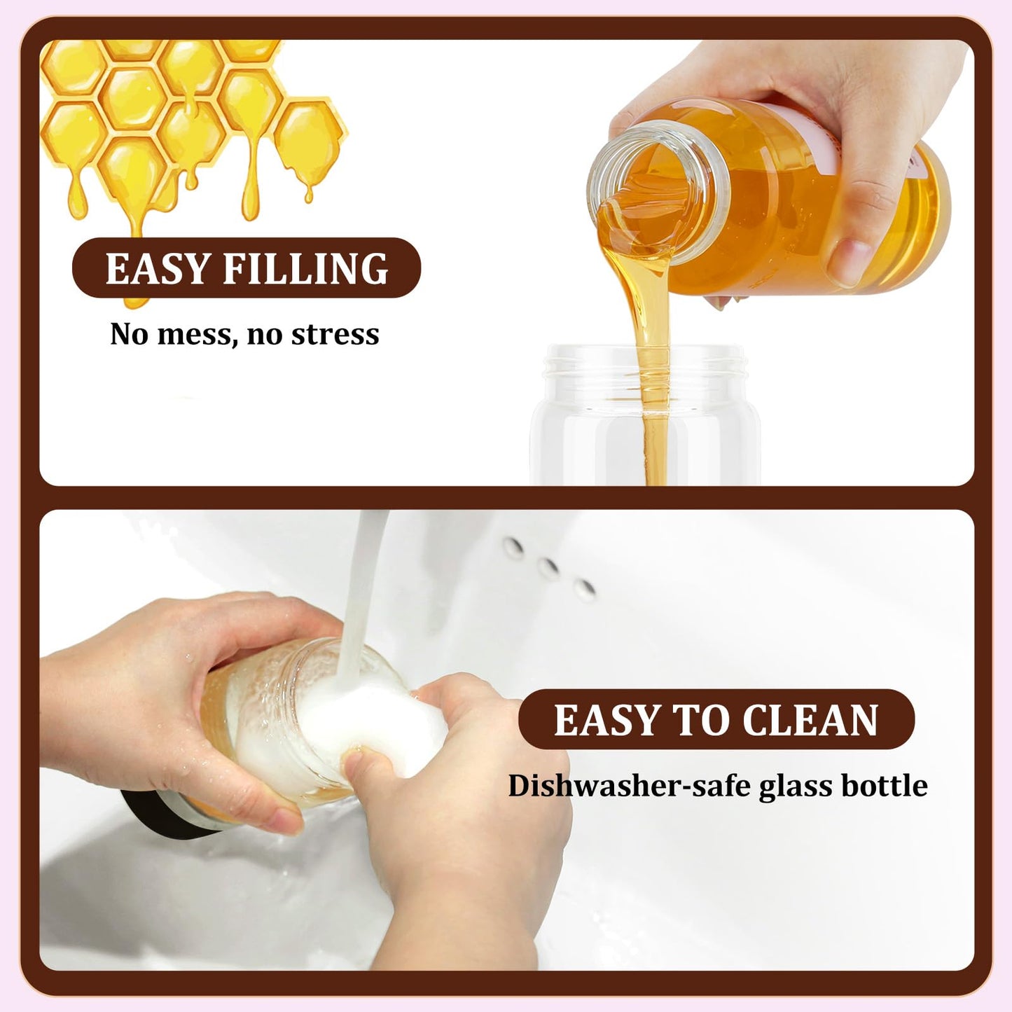 AELGA Honey Dispenser No Drip with Bottom Release Valve, Effortless One-Hand Press Honey Jar for Honey, Maple Syrup, Black