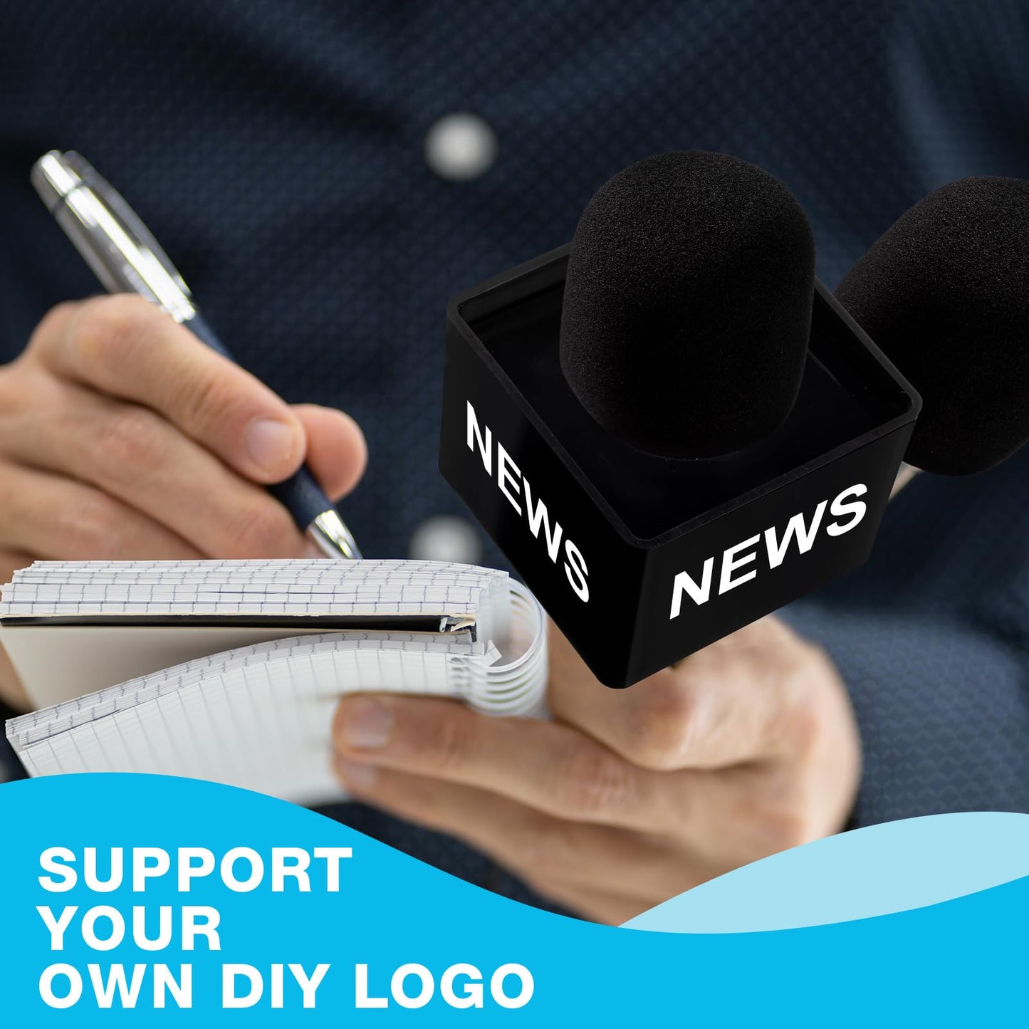 10 Pcs Microphone Flag Station Portable Square Cube ABS Foam Mic Flag Logo Studio Equipment Microphone Accessories for Reporter Host Interview (White, Black)