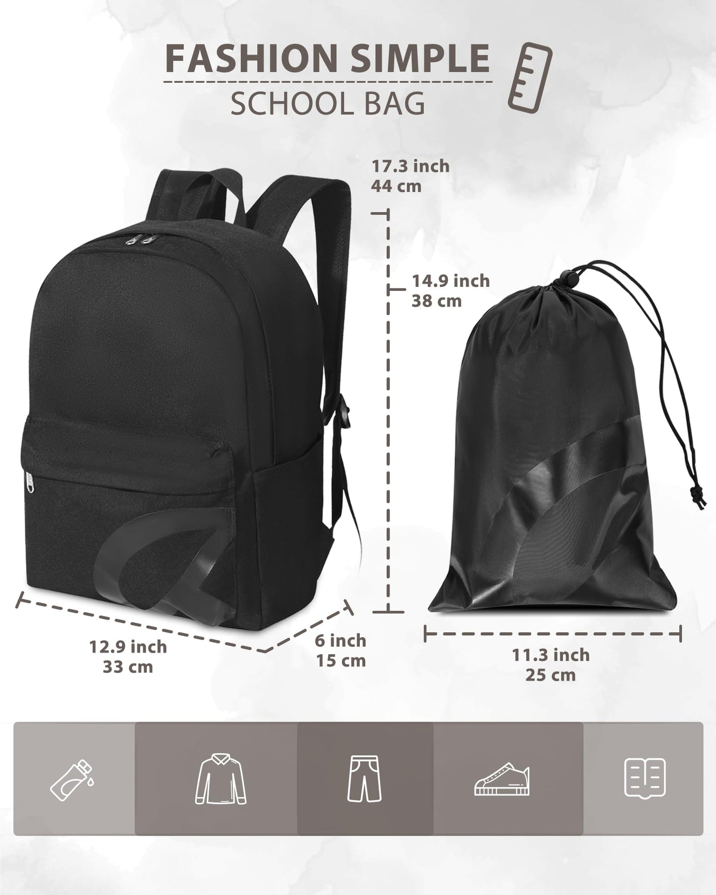 TRAILKICKER Backpack for School, Basic Bookbag 22L for Men Women Girls Boys Teens Middle School College, Durable Lightweight School Backpack with Drawstring Bag, 15 inch Laptop Compartment, Black