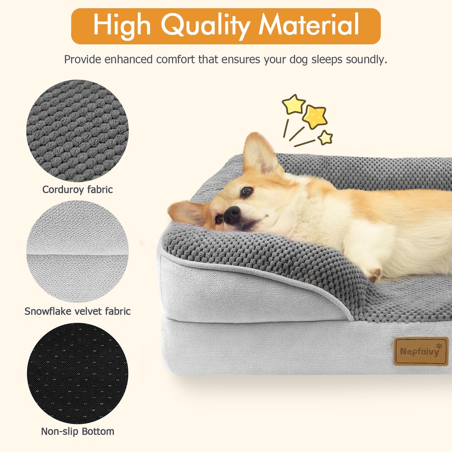 Nepfaivy Dog Bed Large Waterproof - Bolster Dog Bed for Large Dogs with Removable and Washable Cover, Dark Grey, 91x68cm
