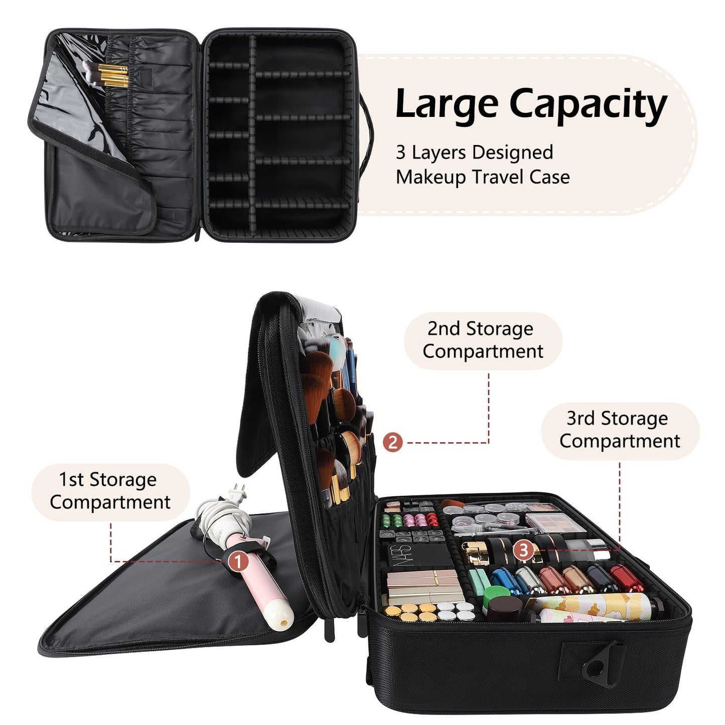 GZCZ Travel Makeup Bag,3 Layers Large Capacity Professional Makeup Train Case Cosmetic Organizer Bag Portable Artist Storage Bag 16.5 inches with Adjustable Dividers and Shoulder Strap（Black Large）