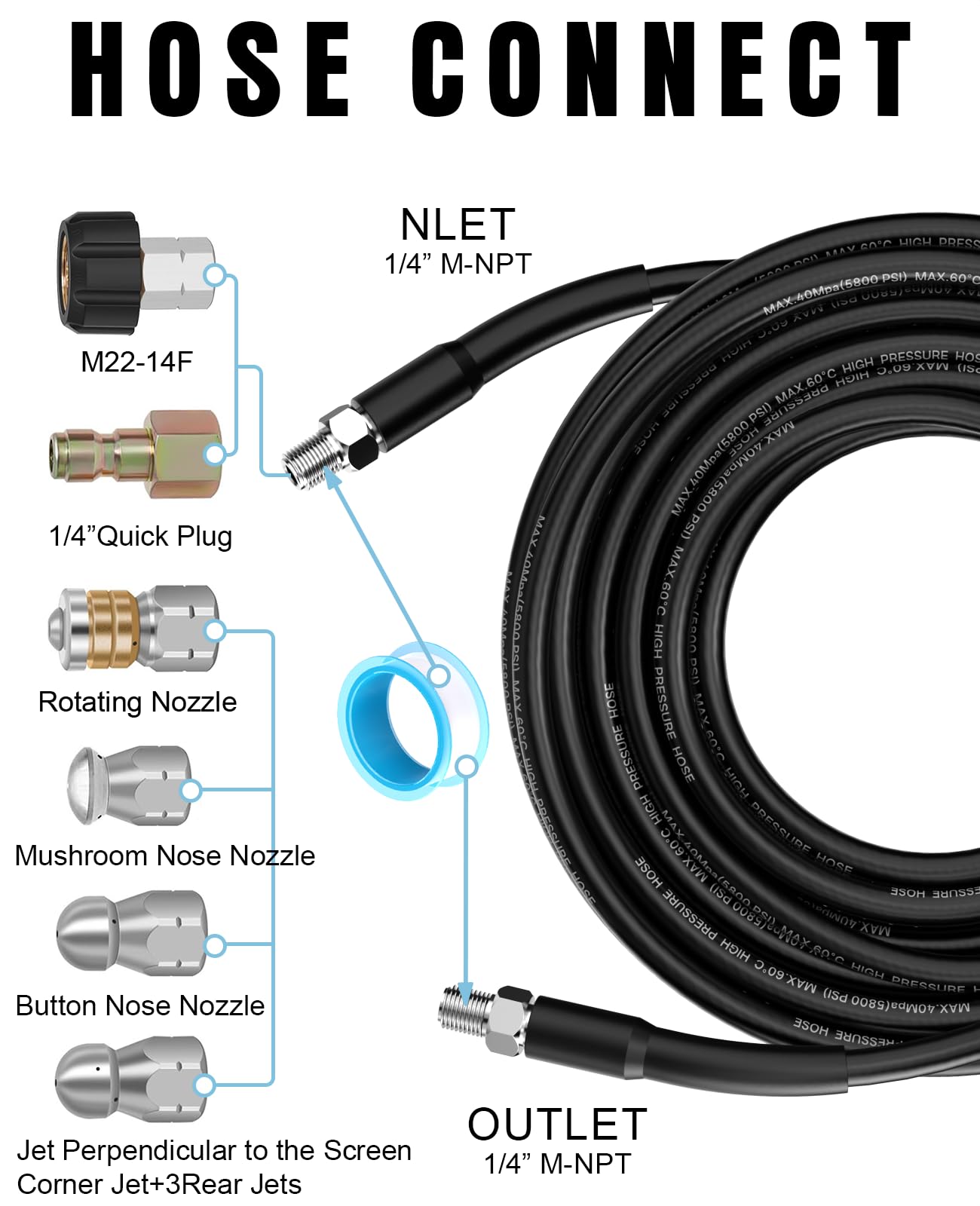 XENDY WASHER 1/4 Inch NPT 100 FT Sewer Jetter Kit for Pressure Washer, 5800PSI Jet Drain Cleaner Hose, 1/4 Inch NPT, Rotating&Button Nose Sewer Jetter Nozzle, Pearl Pin, Waterproof Tape and 2 Spanner