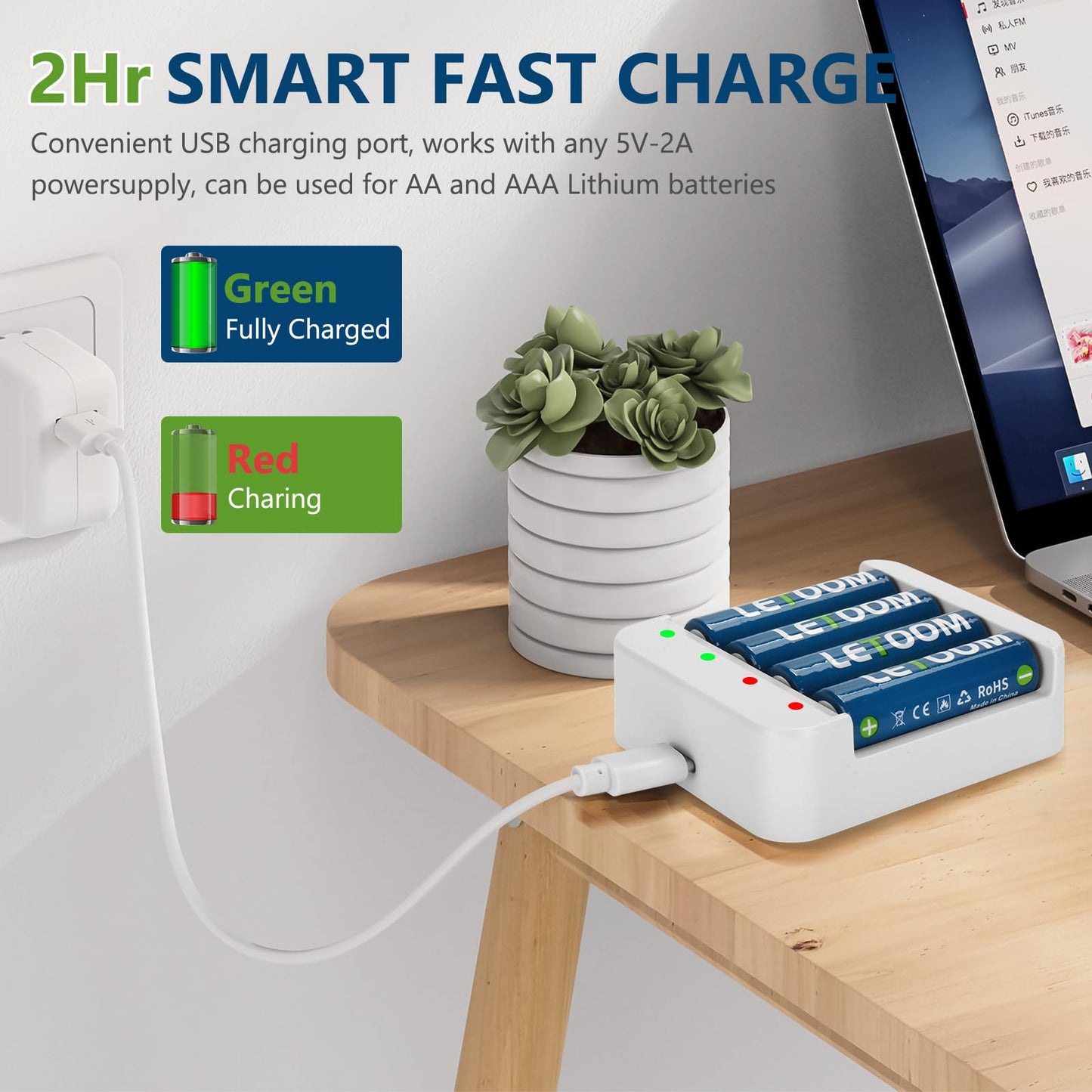 Rechargeable Lithium AA Batteries 2800 mWh 1.5V with Charger (12 Pack)