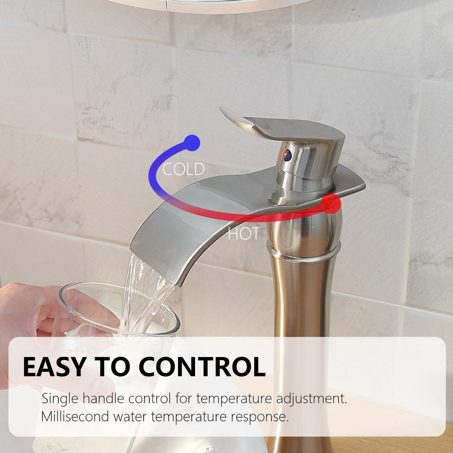 Bathlavish Bathroom Vessel Sink Faucet Waterfall Single Handle One Hole Tall Bathroom Faucets Deck Mount Lavatory Matching Pop Up Drain Without Overflow, Brushed Nickel