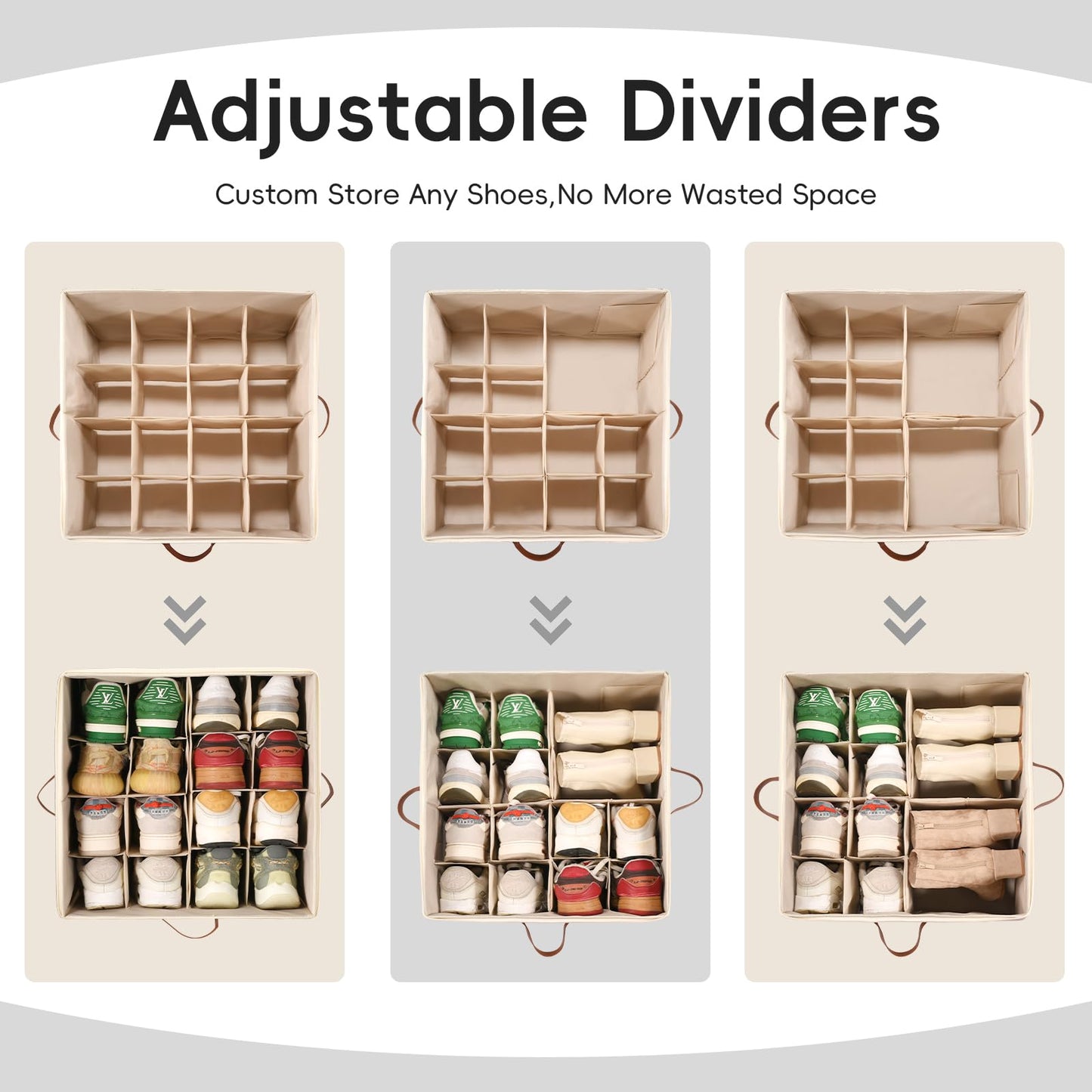 Vexalora Shoe Organizer for Closet, 2 Pack Shoe Storage Bins with Clear Cover, Adjustable Dividers Fits 16-32 Pairs Shoe Boxes, Organizador de Zapatos, Beige