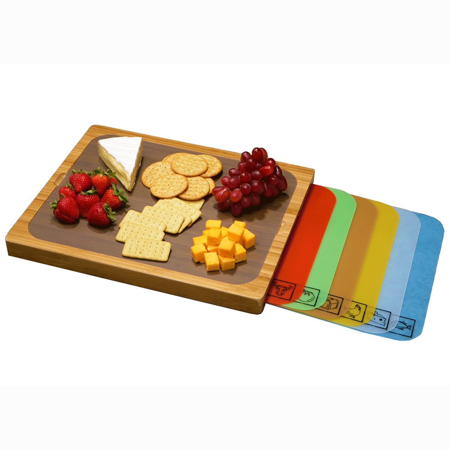 Seville Classics Bamboo Premium Wood Cutting Board Serving Tray w/ 7 Color-Coded BPA-Free Mats, for Chopping Bread, Cheese, Fruits, Vegetables, Meats, Charcuterie (Patented), Bamboo (New Model)