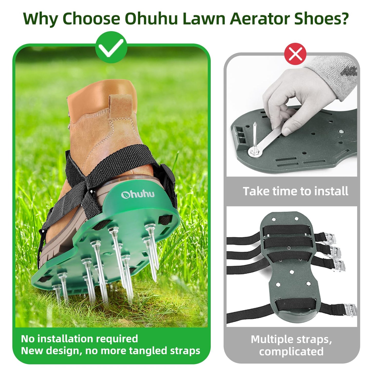Lawn Aerator Shoes, Ohuhu Free-Installation Lawn Aerator Shoes for Grass Heavy Duty Grass Aeration Sandals with Stainless Steel Spikes and Shovel Adjustable Hook & Loop Straps for Lawn Patio Garden
