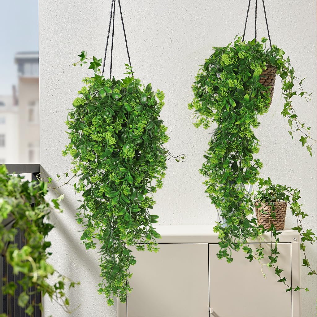 RECUTMS Fake Hanging Plants 2Pcs Artificial Outdoor Greenery UV Resistant Spring Rose Flower Plastic Plant for Outdoors Basket Home Garden Wedding Party Decorations (Green)