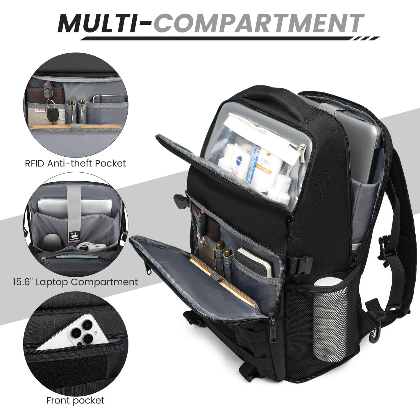 Lunch Backpack, Insulated Cooler Backpack Removable Lunch Box for Men Women, 15.6 Inches RFID Blocking Laptop Backpack Lunch Bag for Work Travel Black