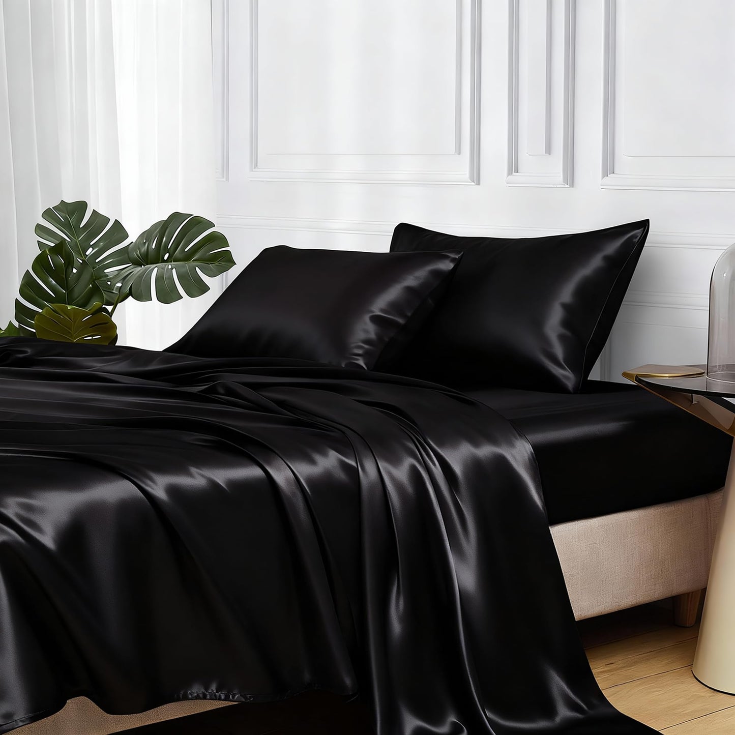 MR&HM Satin Sheets King Size with Elastic Corner Straps, 4-Piece Silky Bedding Set, Deep Pocket 15 Inches, Good for Hair & Skin (King, Black)