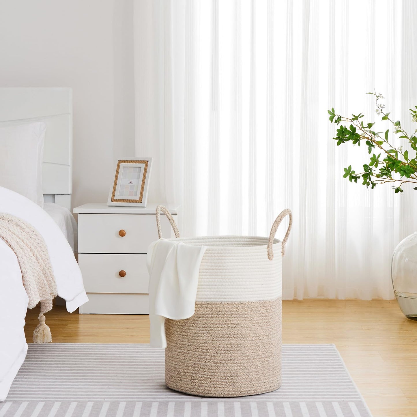 VIPOSCO Large Laundry Hamper, Tall Woven Rope Storage Basket for Blanket, Dirty Clothes in Living Room, Bathroom, Bedroom - 53L White & Brown