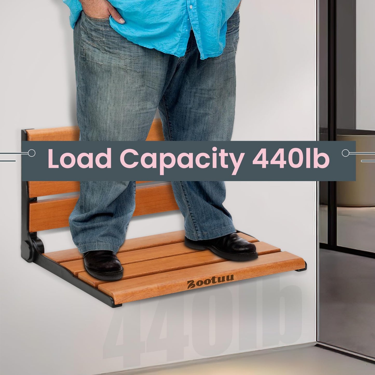 18" Teak Folding Shower Seat Wall Mounted,Fold Down Shower Bench for Small Shower Space, Home Care Teak Wood Seat for Inside Shower