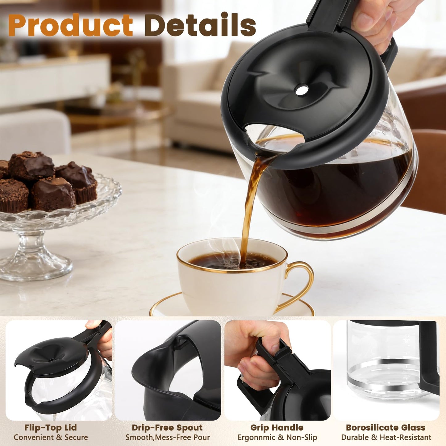 10-Cup Glass Carafe Replacement for De'Longhi Coffee Makers COM532M 3066 3067 3093 3094 3111 3112 KF140 KF863 & BCO Series, De'Longhi Coffee Pot Replacement with Sturdy Handle
