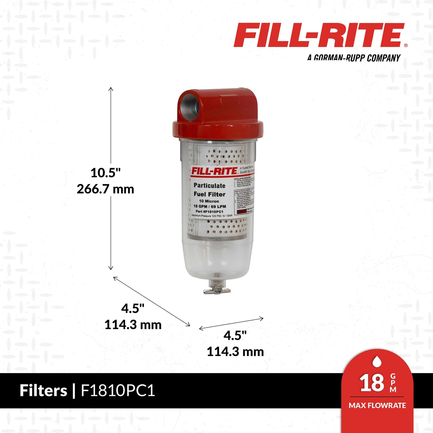 Fill-Rite FR1810PC1 10 Micron Particulate 25 GPM Clear Bowl Fuel Filter with 3/4" Filter Head