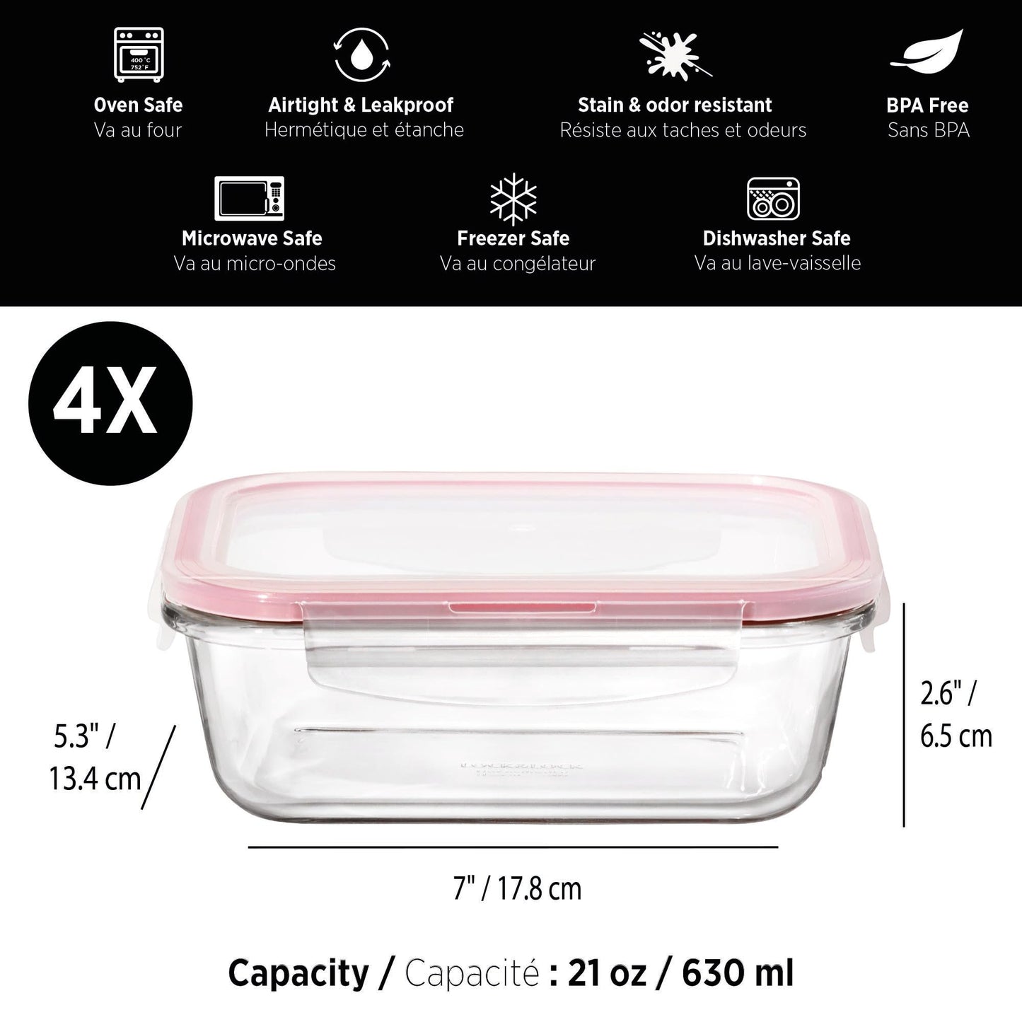 STARFRIT LocknLock 8-Piece Borosilicate Glass Container Set - 4 x 21oz/630ml - Airtight & Leakproof - 4-Sided Locking Lid
