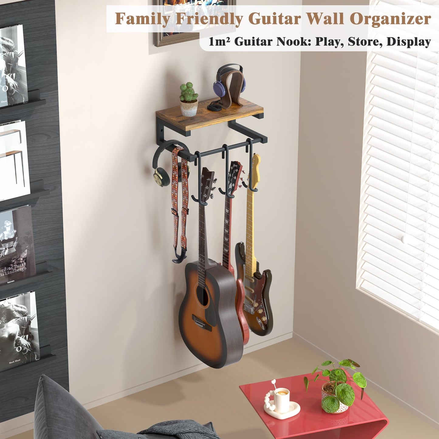 Guitar Wall Mount Hangers Holds 3 Guitars with Rustic Shelf, 3-Detachable Guitar Stand Hooks Universal Fit for Acoustic, Electric, Bass & Ukulele